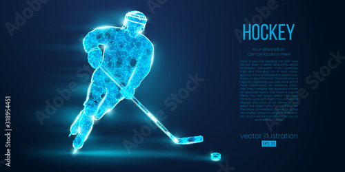 Abstract silhouette of a hockey player from particles. Dots, lines, triangles text color effects and background on a separate layers. Low poly neon wire outline geometric polygonal vector illustration