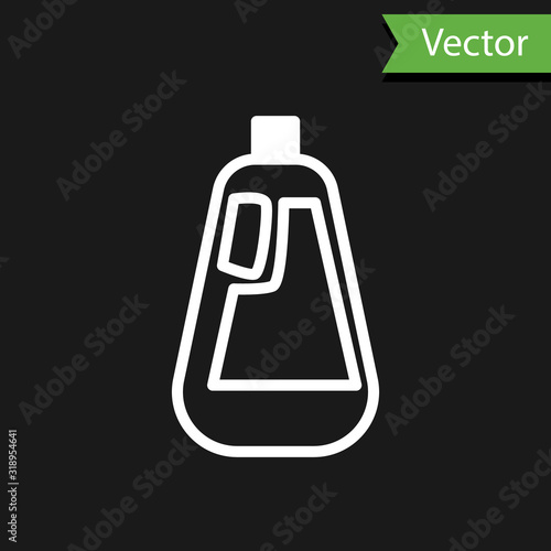 White line Plastic bottle for liquid laundry detergent, bleach, dishwashing liquid icon isolated on black background. Vector Illustration