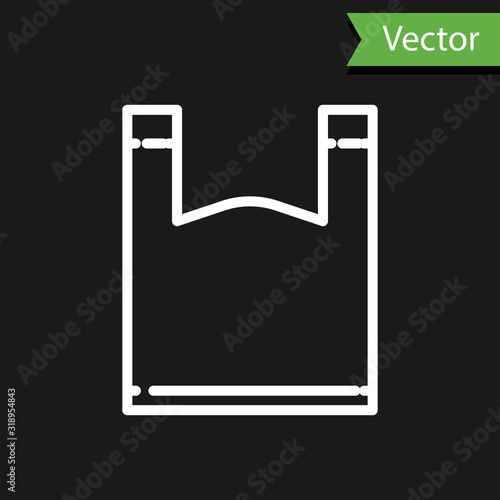 White line Plastic bag icon isolated on black background. Disposable cellophane and polythene package prohibition sign. Vector Illustration