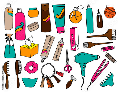 set of hairdressing, coiffure and make-up accessories stickers. set of vector objects isolated on white background. Design elements for package, catalogs, illustartions for magazine and fashion books.