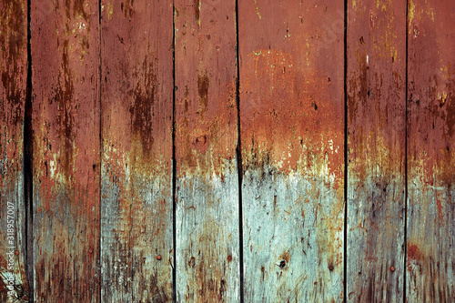Faded wooden boards with corrosion. Cleaned wooden doors from several planks. Old natural wooden board without paint. Wooden background, copy space.