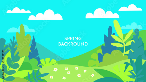 Vector illustration in trendy flat simple style - spring and summer background with copy space for text - landscape with plants, leaves, flowers - background for banner, card, poster. Flat design