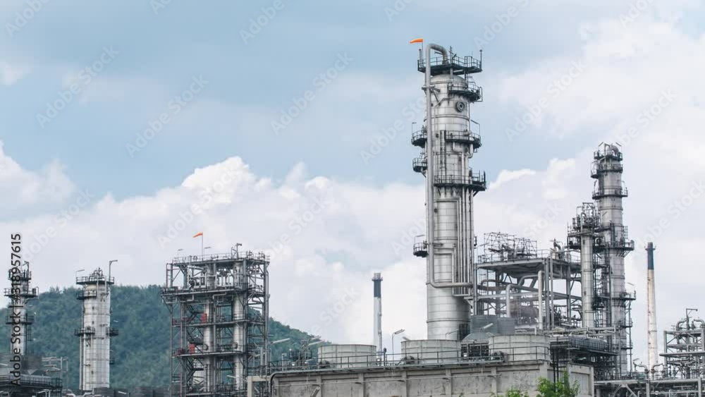 Time Lapse At The Refinery. Industrial Constructions At The Factory. Montage