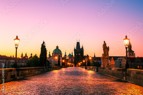 Charles Bridge at sunrise in Prague, Czech Republic. Famous travel destination