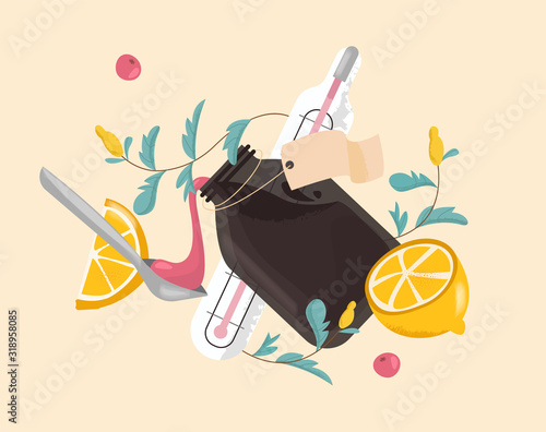 Flu and cold remedies. Remedy natural, homeopathy. Pouring into spoon from bottle of medicine syrup, herbs and lemon. Vector illustration