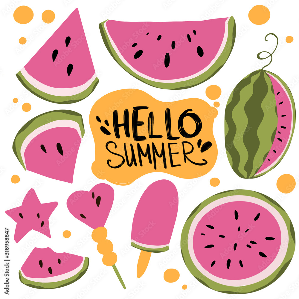 Digital flat illustration set of bright juicy watermelons, slices, ice cream and watermelon desserts. Lettering hello summer. Print for banners, stickers, posters, web design, fabrics. Digital flat illustration set of bright juicy watermelons, slices, ice cream and watermelon desserts. Lettering hello summer. Print for banners, stickers, posters, web design, fabrics.