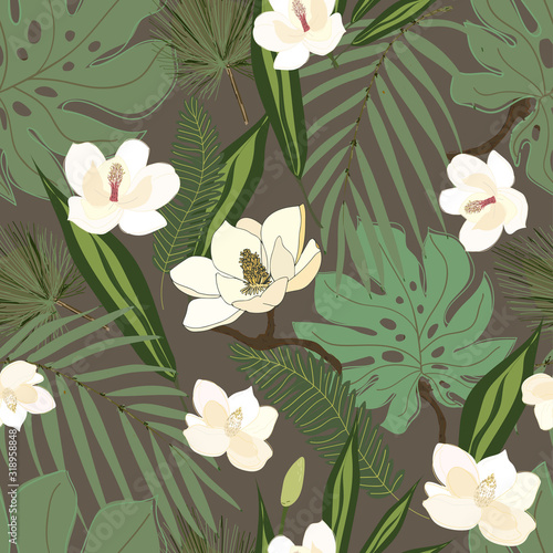 Leaves, twigs and flowers artistic seamless pattern.
