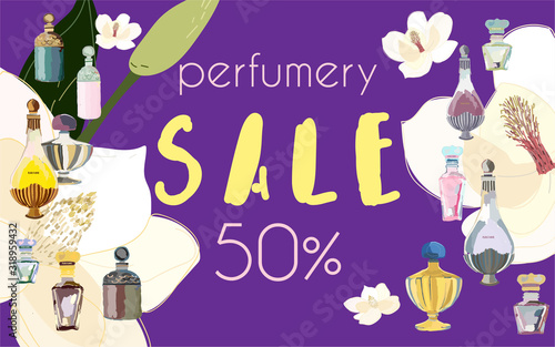 Web banner, invitation, post card. Text perfumery sale. Leaves, twigs and flowers artistic background.
