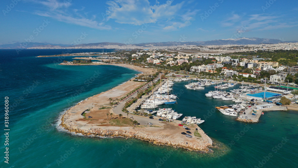 Aerial drone photo of famous seaside area and port of Glyfada, Athens riviera, Attica, Greece