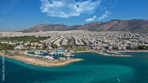 Fototapeta Naklejka Na Ścianę i Meble -  Aerial drone photo of famous seaside area and port of Glyfada, Athens riviera, Attica, Greece