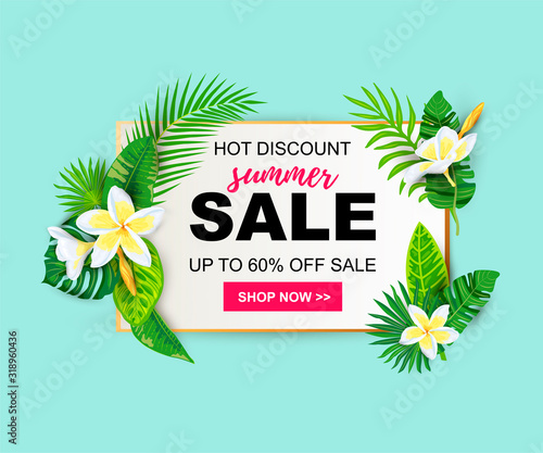 Summer sale with tropical leaves and plumeria flowers. Place for text. Backdrop for poster, web, party invitation, SPA flyer, banner, beauty offer, bridal shower. Vector illustration.