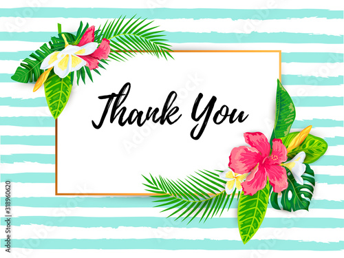 Tropical backdrop with jungle exotic leaves and flowers. Place for text. Template for summer sale, vacation, poster, banner, flyer, invitation, pool party, baby shower, wedding. Thank you card.