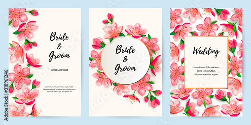 Spring invitations with blossom sakura, cherry flowers. Place for text. Great for oriental ivite, flyer, beauty offer, wedding, bridal shower, poster, baby shower, Mother's and Woman's day.