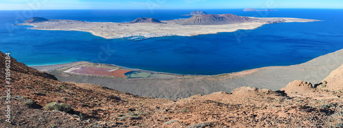 Panoramic view of Mirador Del Rio in Lanzarote, Canary Islands, selective focus