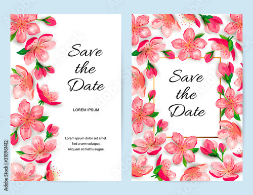 Spring invitations with blossom sakura, cherry flowers. Place for text. Great for oriental ivite, flyer, beauty offer, wedding, bridal shower, poster, baby shower, Mother's and Woman's day.