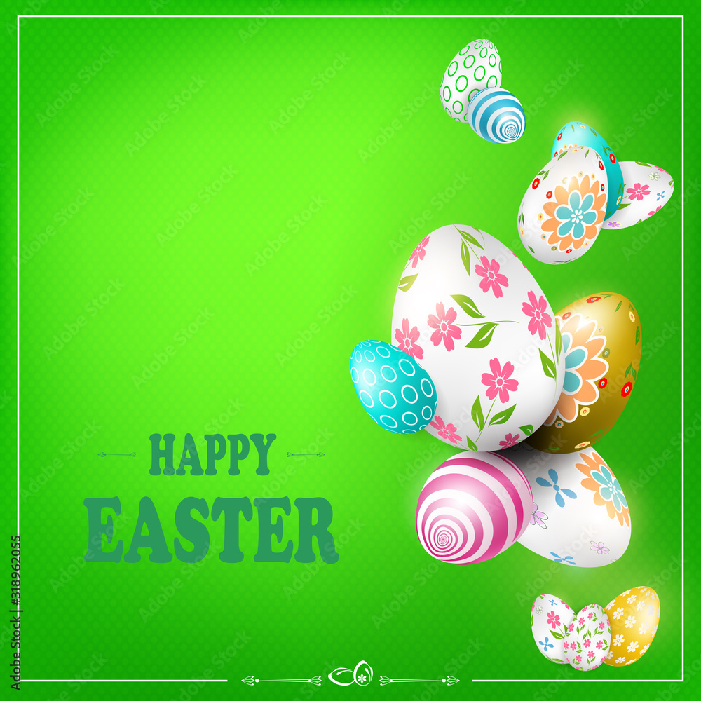 Green Easter composition with wonderful eggs with different patterns Green Easter composition with wonderful eggs with different patterns