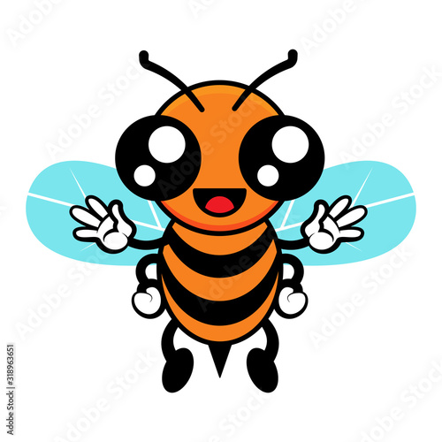 Cute Little Bee Cartoon Mascot flying and greeting, good for children illustration or T-Shirt design. Cartoon Vector photo