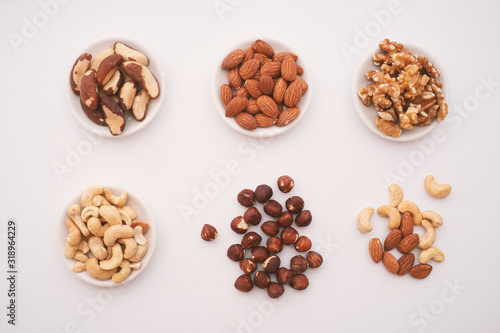 Top View Cashew Nuts, Hazelnuts, Almonds, Brazil Nuts and Walnuts