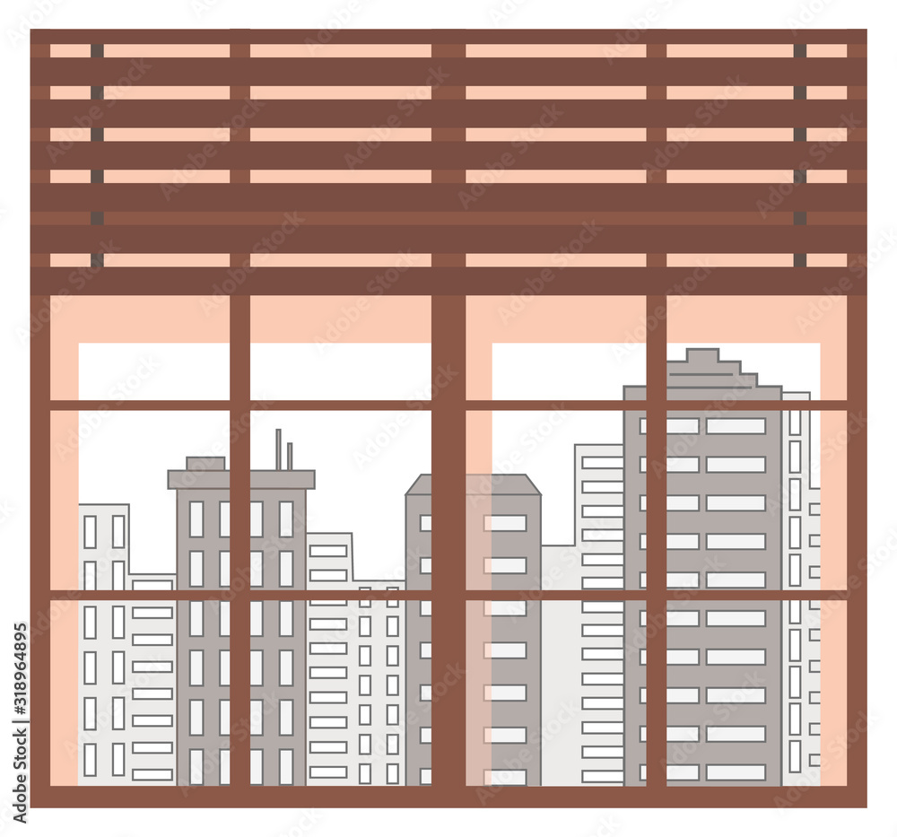 Wide window with wooden planks and clear glass showing view on modern city. Cityscape with skyscraper and high rises of town. Business center with buildings and apartments. Metropolis vector