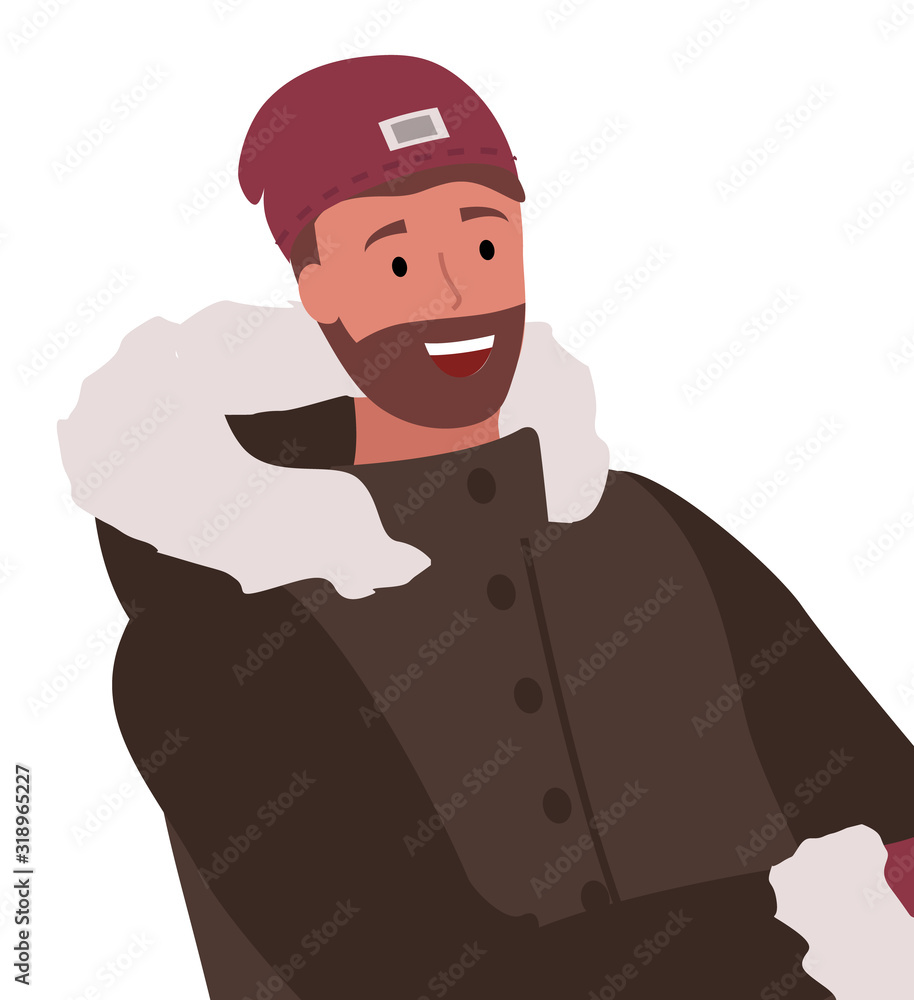 Happy adult male wearing warm hat and jacket with fur for cold season. Smiling man cartoon character closeup view in down jacket with hood. Person with beard in winter clothes portrait vector Happy adult male wearing warm hat and jacket with fur for cold season. Smiling man cartoon character closeup view in down jacket with hood. Person with beard in winter clothes portrait vector