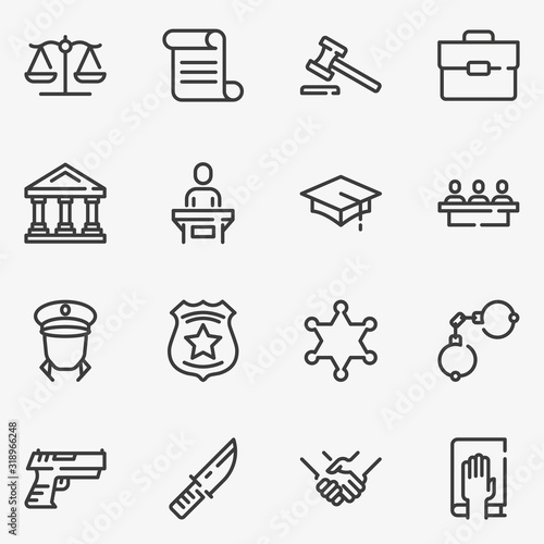 Set of law and justice line black and white vector icon.
