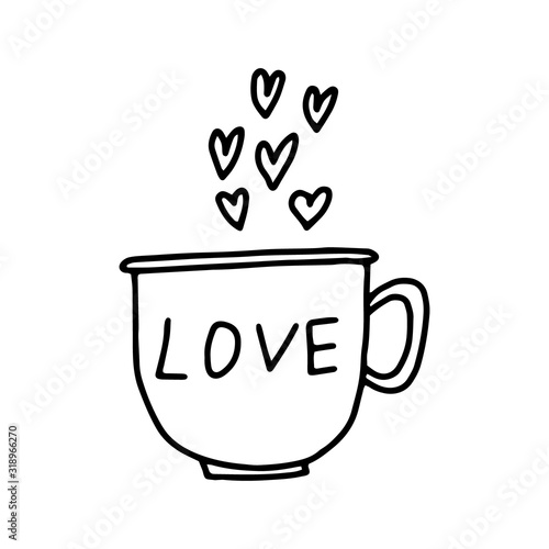 Cup with heart hand-drawn contour line drawing. Black and white image of the mug. Doodles. Valentine s day.Mug with love. Vector