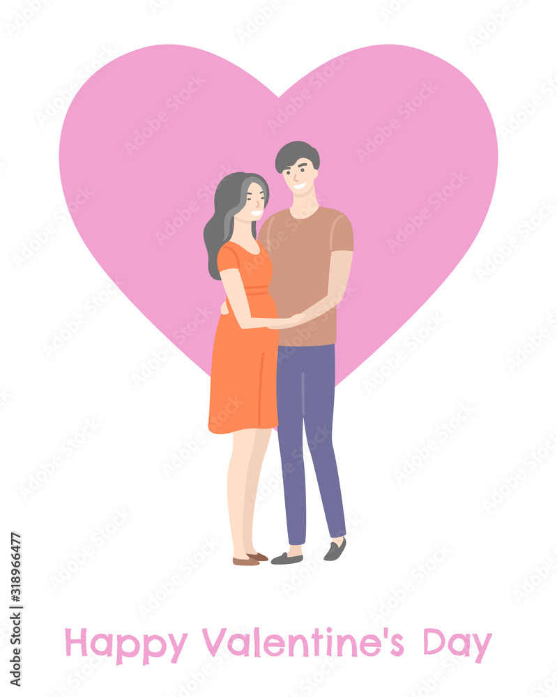 Happy Valentines day, people in cartoon style on backdrop of pink heart. Vector lovers hugging each other, woman in red dress and man in jeans isolated Happy Valentines day, people in cartoon style on backdrop of pink heart. Vector lovers hugging each other, woman in red dress and man in jeans isolated