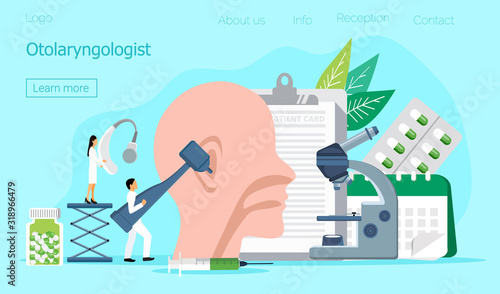 Otolaryngologist vector web template for landing page, header. Tiny doctors treat and exemine patient ear, nose and throat. Otolaryngology health careconcept. Rally and various deaf awareness