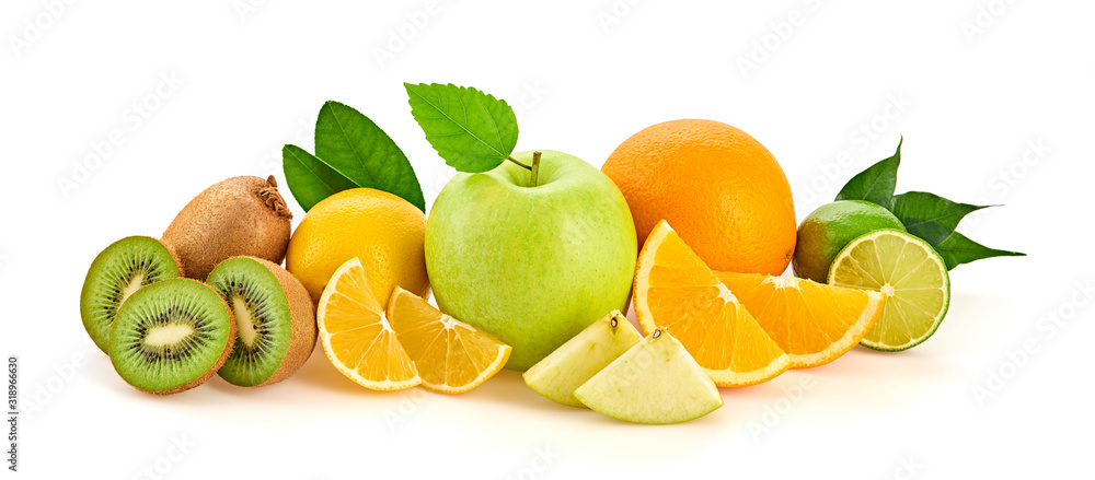 Fresh fruits healthy diet concept. Raw mixed vegan juicy food background, green apple, orange isolated on white. Variety of fresh citrus fruit for detox juice or smoothie. - obrazy, fototapety, plakaty 