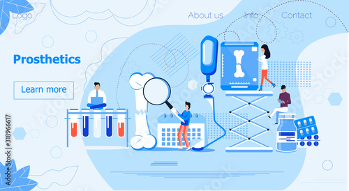 Prothesis and orthopedic center concept vector for website. Tiny doctors offer runner leg prosthesis. Bionic metal limb for human. Disability day, month. Medical support for month.