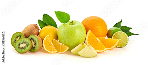 Fresh fruits healthy diet concept. Raw mixed vegan juicy food background, green apple, orange isolated on white. Variety of fresh citrus fruit for detox juice or smoothie.