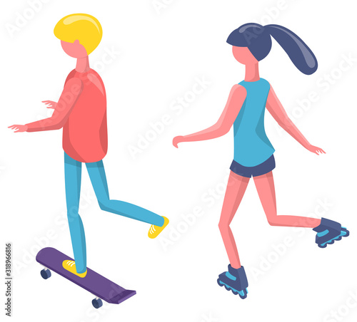 Back view of people skating and rolling, skateboarder and roller, man and woman standing on wheels, human character in sportswear, activity vector