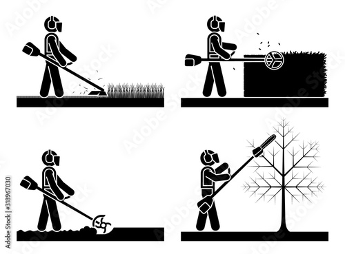 Pictogram icon set presenting different type of trimmer. Cordless Grass Trimmer Cutter Mower Weed Lawn Cutting Garden Edging Ties Tool.