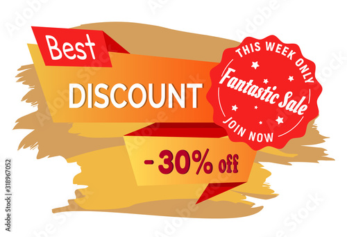 Best discount on fashion sale this week only 30 percent discount isolated advertisement label on brush strokes. Vector illustration of price of tag, badge with seasonal sales, shopping concept