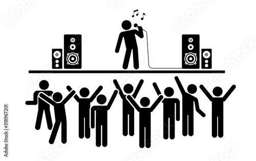 Pictogram vector illustration of music live stage show. Crowd of people on the concert. Popular band playing.