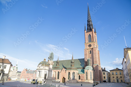 Riddarholm church standing in the cobbled Birger Jarls torg square, Stockholm, Sweden