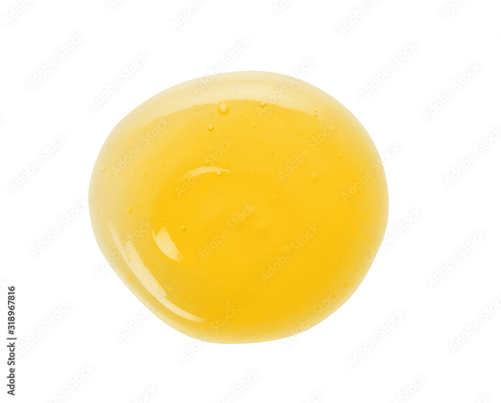 Orange cosmetic gel serum texture. Exfoliating cleanser swatch sample isolated on white background. Exfoliation skincare product drop blob with bubbles closeup