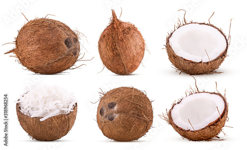 Set coconuts whole, cut in half, grated coconut in shell