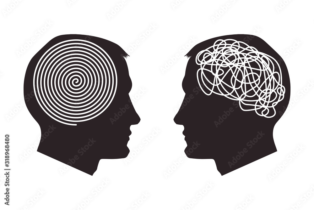 Two profile faces. Decoding and understanding problem, face to face ...