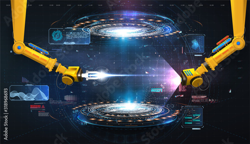 Industrial technology concept. Futuristic circle vector HUD, GUI, UI interface screen design. Abstract style on blue background. Factory automation. Smart factory. Design innovation concept background