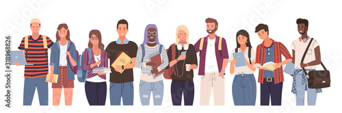 Multicultural students group, international people vector. Different nation young girls and boys holding books and laptop, isolated characters with backpacks. Happy teenagers in casual clothes, youth