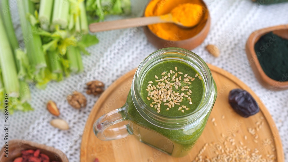 Green Smoothie And Ingredients. Concept Of Diet, Cleansing The Body, Healthy Eating.