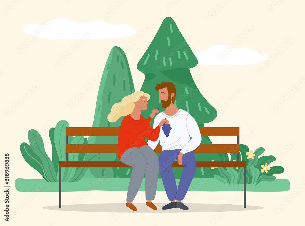 Happy man and woman characters sitting on bench and eating grapes in park. Dating of male and female couples in casual clothes tasting fruit near trees and spruce outdoor in summer time vector