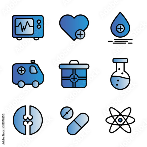 Medic icon set include cardiograph, doctor, medic, medical, health, heart, treatment, love, blood, donor, ambulance, car, aid, box, healthy, virus, bacteria, infection,lab, flask, bone, bones, x ray