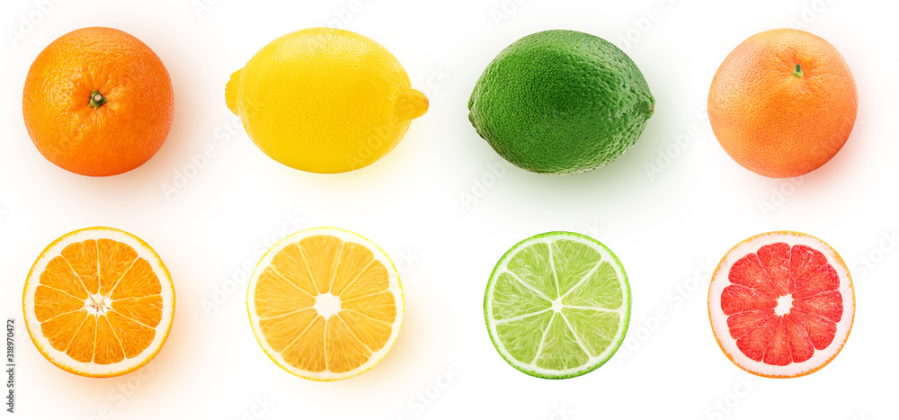 Fresh orange, lemon, lime, grapefruit whole and cut in half slice