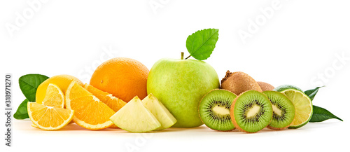 Fresh fruits healthy diet concept. Raw mixed vegan juicy food background, green apple, orange isolated on white. Variety of fresh citrus fruit, detox health clean eating