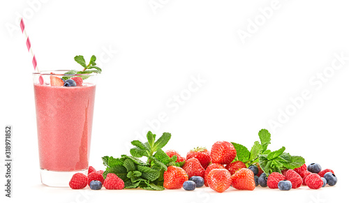 Berry fruits detox fresh strawberry smoothie. Colorful healthy eating diet concept. Mixed red berries vegan smoothie health food background. Strawberry, raspberry, blueberry isolated on white