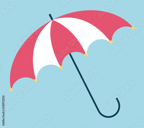 Umbrella with handle seasonal symbol. Parasol striped object for sunny or rainy weather. Shelter protection element isolated on blue color. Opened brolly accessory for medical insurance vector