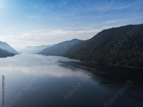 Aerial view on Teletskoye lake in Altai mountains  Siberia  Russia. Drone shot. Beauty summer day.