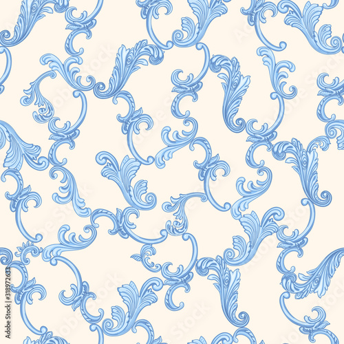 Vector Floral seamless pattern from blue Baroque scrolls, leaves on a light beige background. Scarf, neckerchief, kerchief, silk print design, batik wallpaper, wrapping paper 